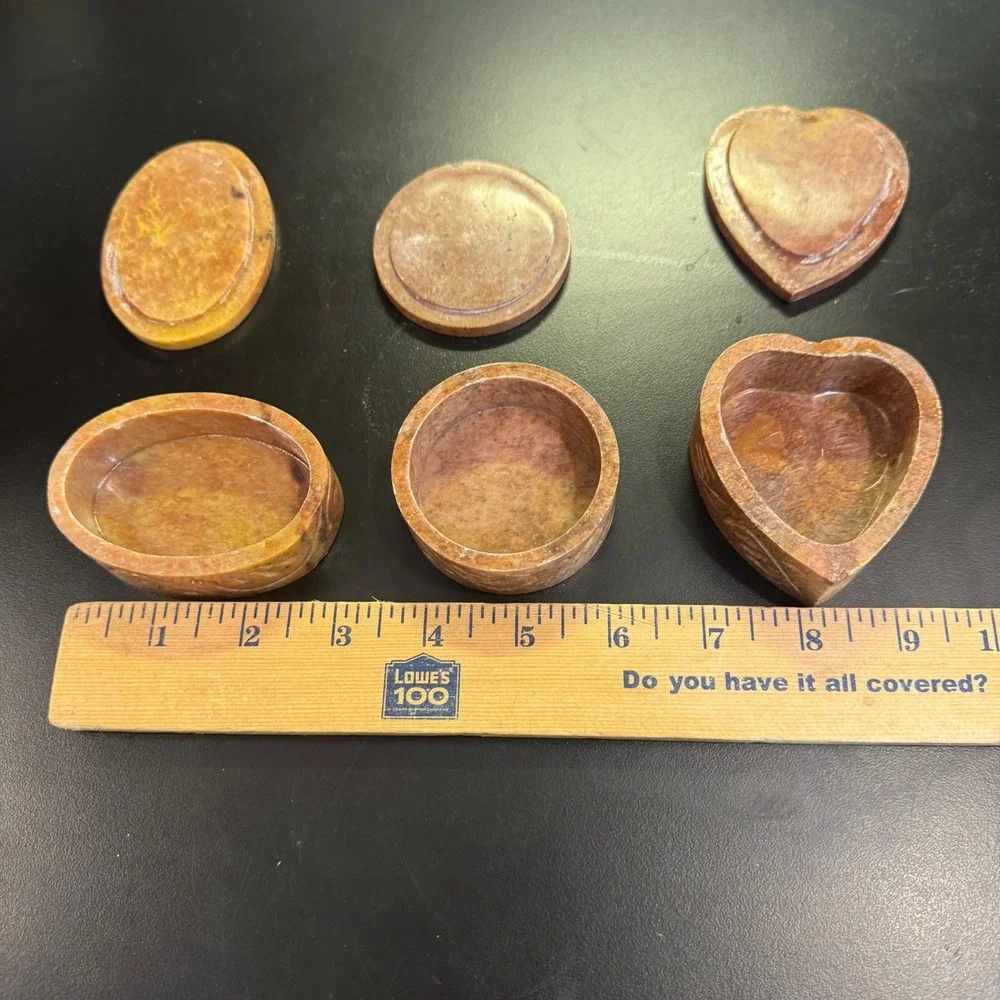 K's Collection Soapstone Trinket Boxes Set of 3 Brown Hand Carved Floral India